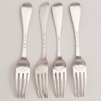 A set of four 18th-Century silver dinner forks, mark of Mikael Nyberg, Stockholm 1790-92.