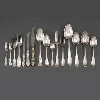 Bestick, 136 delar nysilver, olika modeller. 1800-/1900-tal.