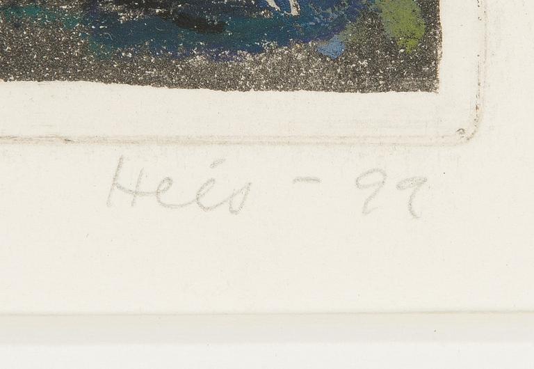 Outi Heiskanen, etching and mixed media, signed and dated -99. Marked unique.