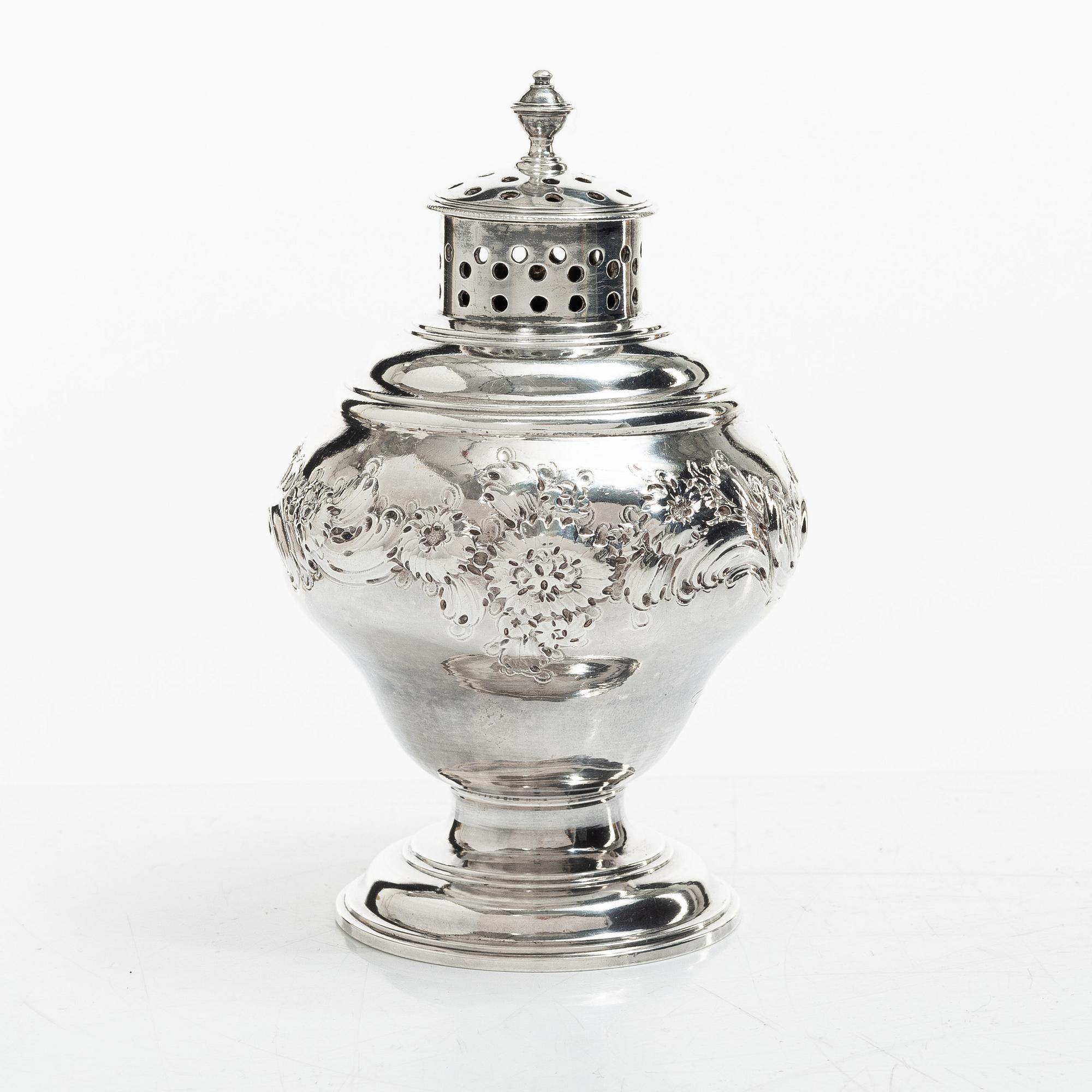 An English silver sugar caster, London 1751, probably Samuel Taylor.