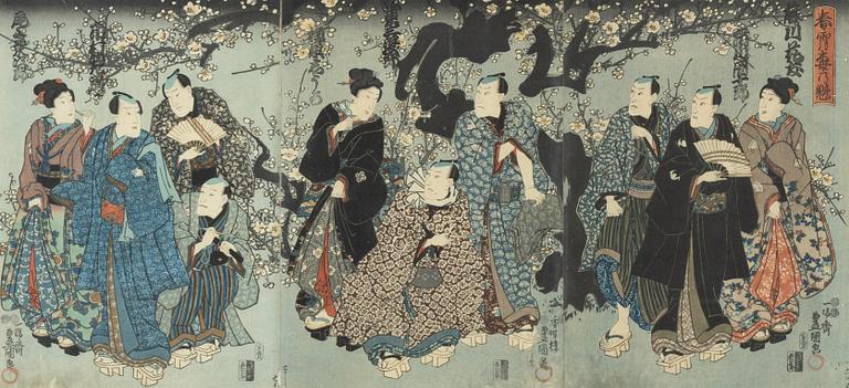 Utagawa Kunisada, a woodblock ptriny triptych, mid 19th Century.
