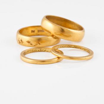 RINGAR, 4 st, 23K guld. Vikt 22,6 gram.