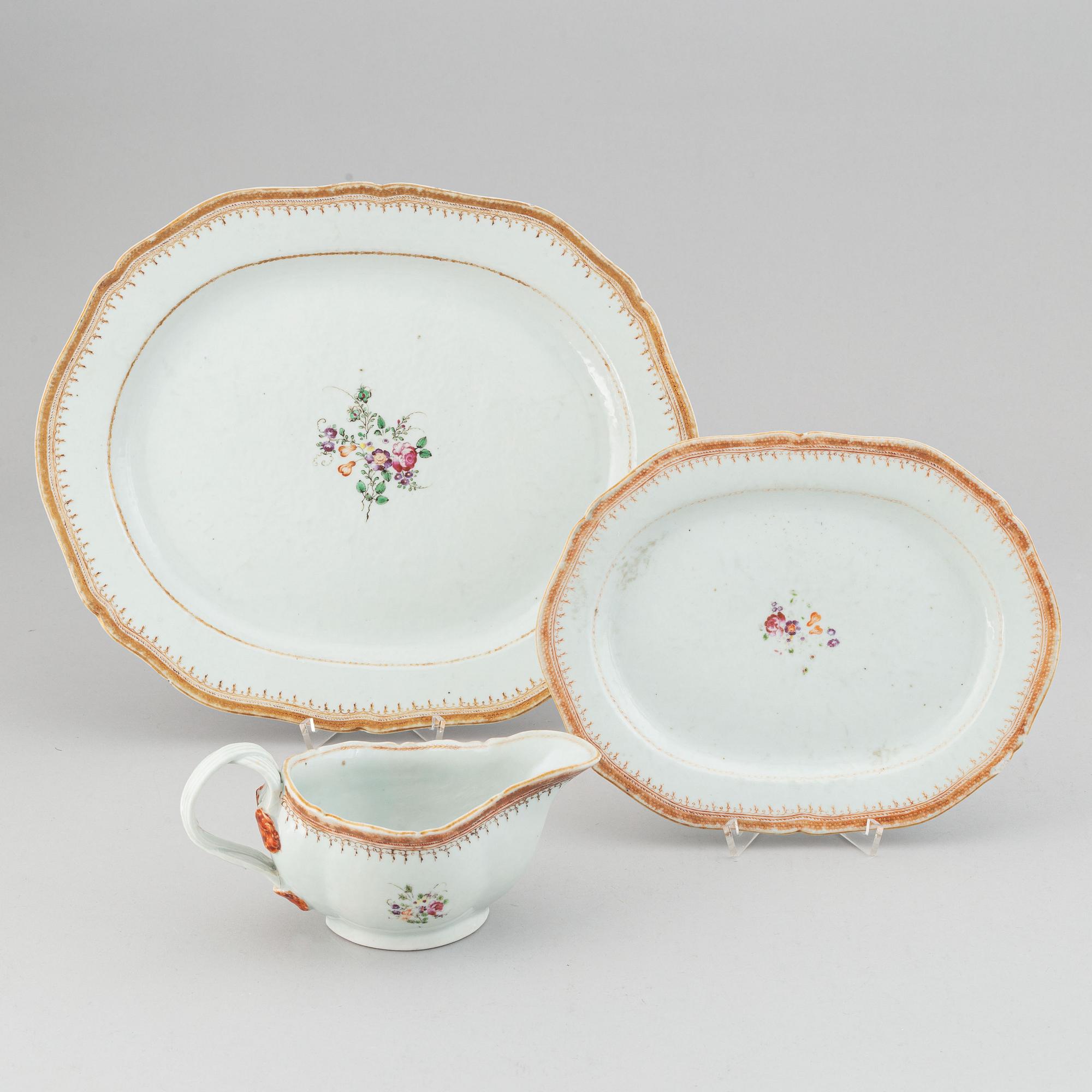 Two famille rose serving dishes and a sauce boat, Qing dynasty, Qianlong (1736-95).