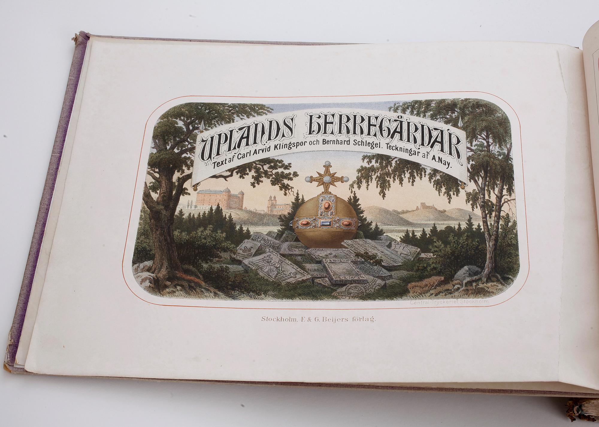 BOK, "Uplands herregårdar med beskrifvande text" av Carl-Arvid Klingspor och Bernhard Schlegel F. & G. Beijers förlag.