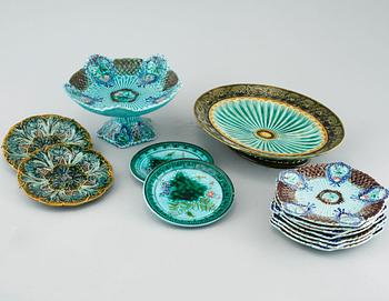 Thirteen majolica pieces from around year 1900.