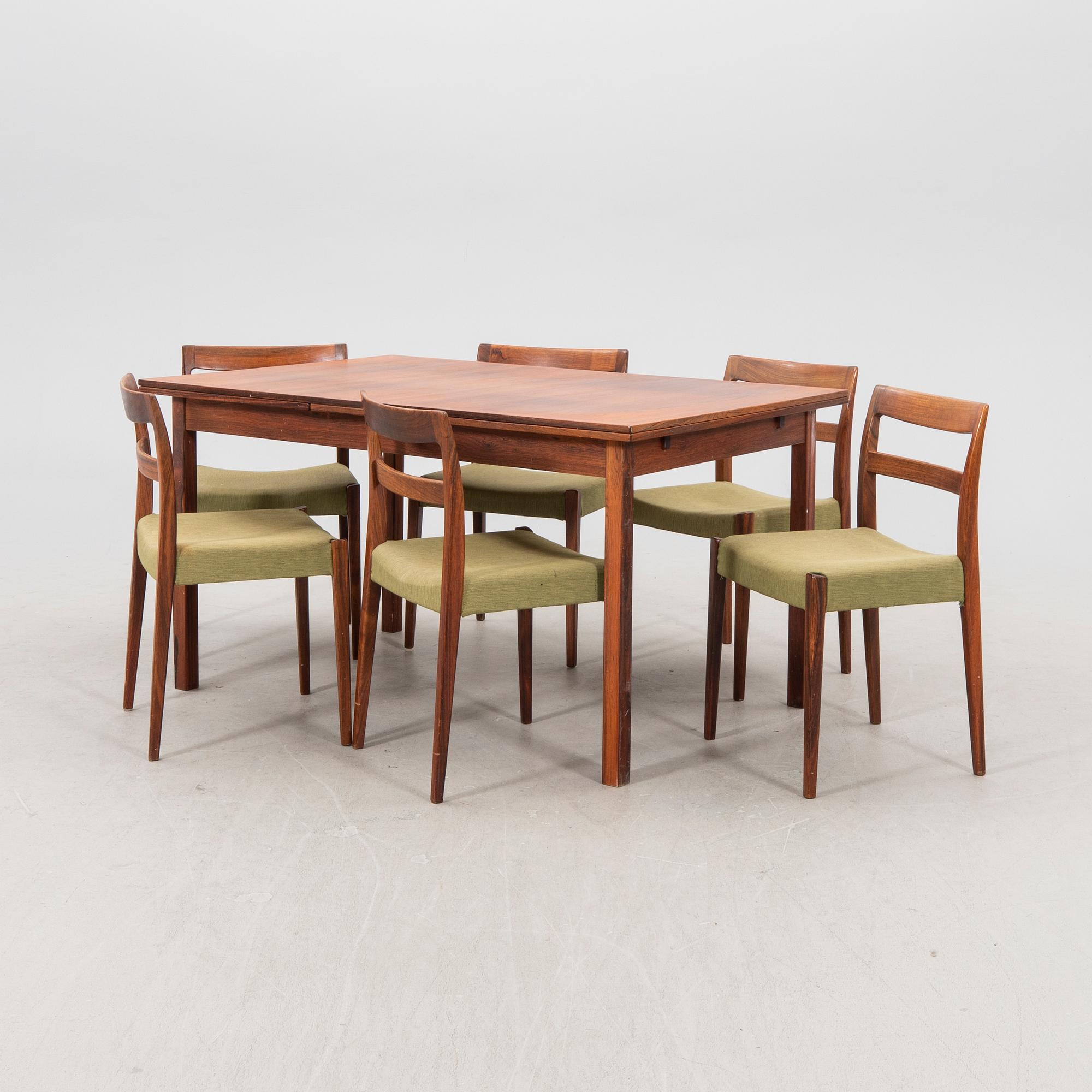 A Nils Jonsson jakaranda dining group 7 pcs Troeds Bra Bohag, Bjärnum, mid-20th century.