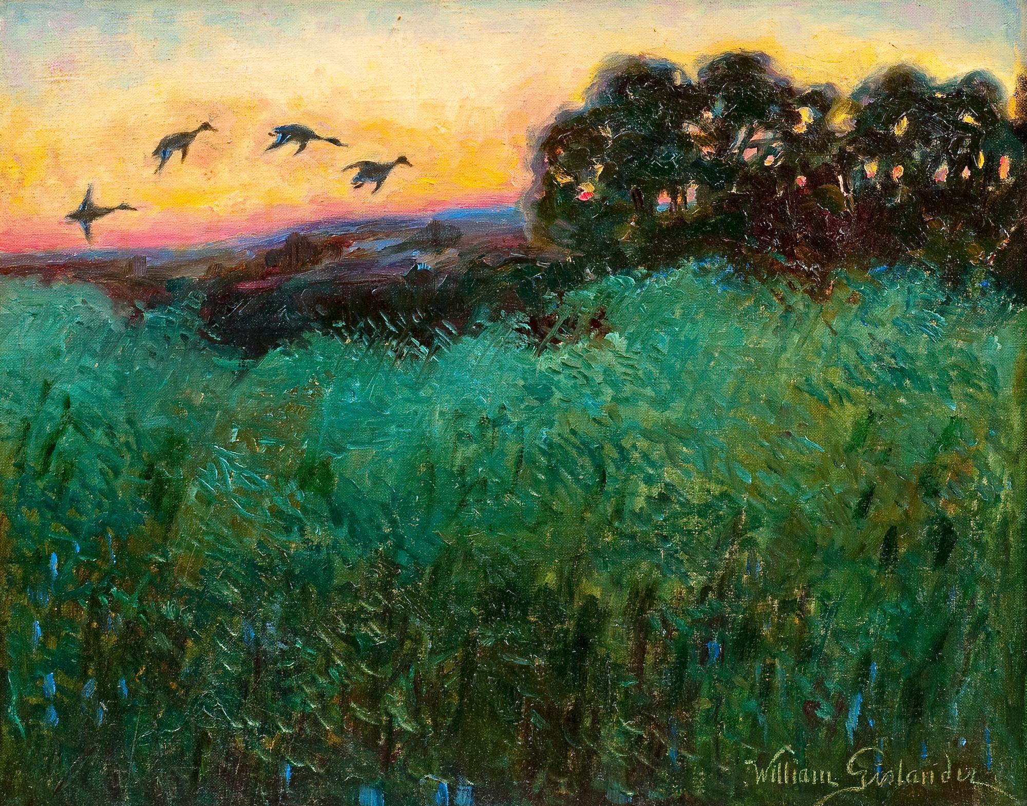 William Gislander, DUCKS IN SUNSET.