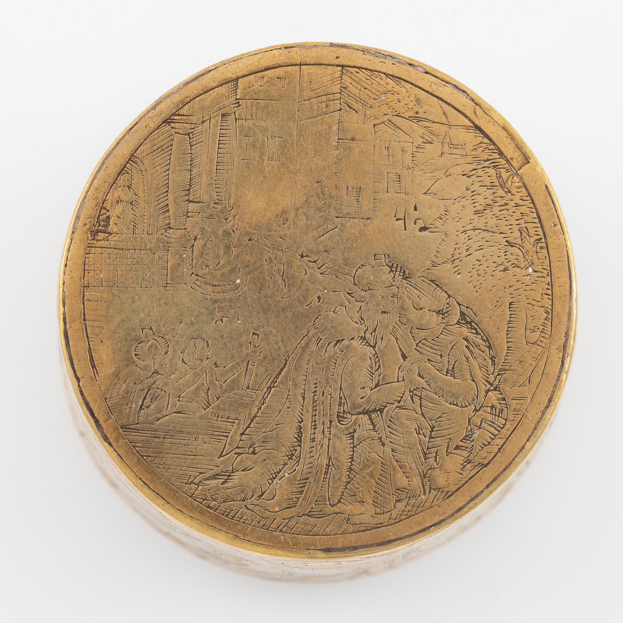 A presumably German baroque brass box, dated 1686.