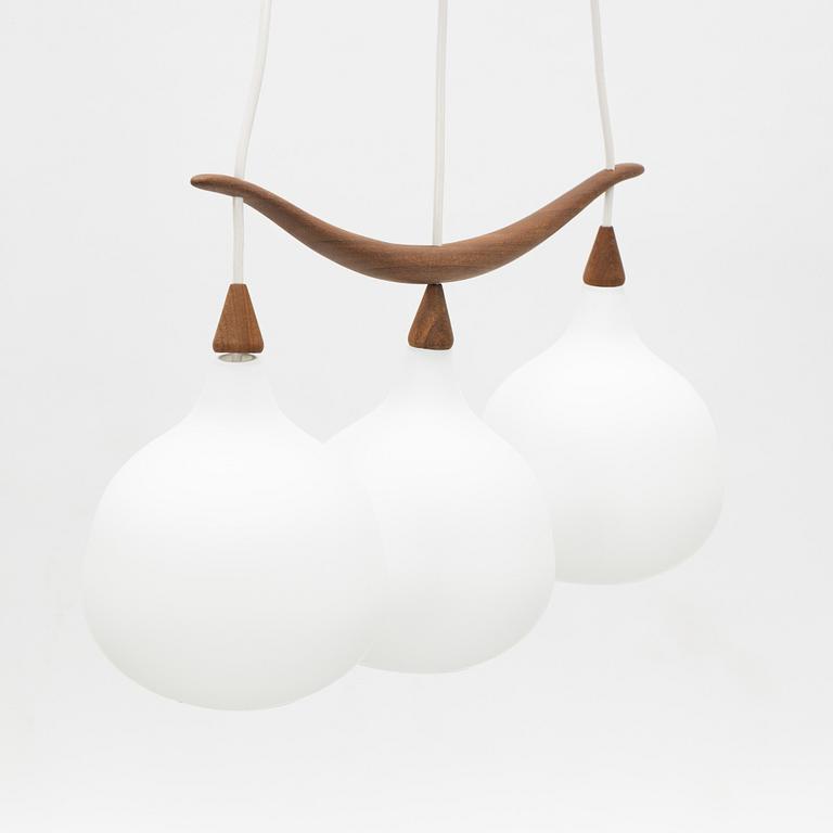 Uno & Östen Kristiansson, a 'Bananen' teak and glass three-light ceiling lamp, Luxus, Vittsjö.