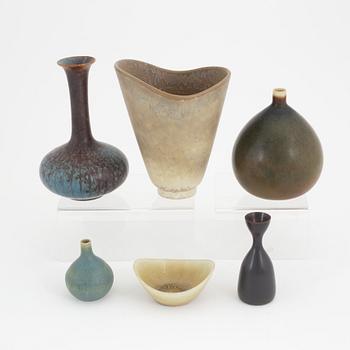 Carl-Harry Stålhane, three stoneware vases and a bowl, Gunnar Nylund a vase, and a vase Humlrbaek, Denmark.