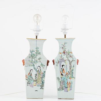 A pair of Chinese famille rose vases / table lamps, 20th century.