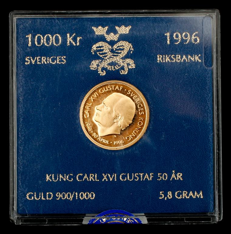 GULDMYNT, 1000 kr, Carl XVI Gustaf, 1996. Vikt 5,8 g.