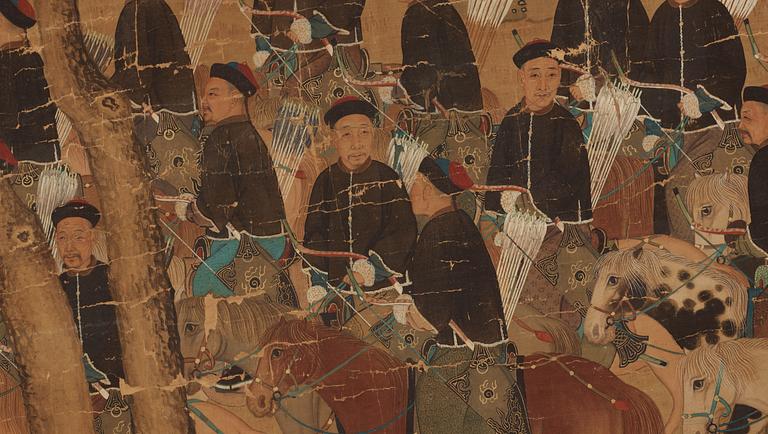 A large hand scroll of an imperial hunting part, Qing dynasty.