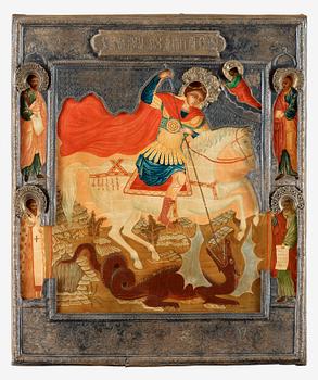 950. A Russian 19th century parcel-gilt icon of St. George and the dragon with saints, St. Petersburg 1836.