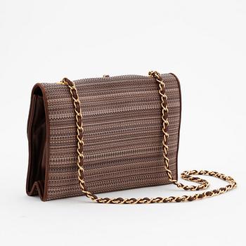 CHANEL, a brown canvs and leather crossbody bag.