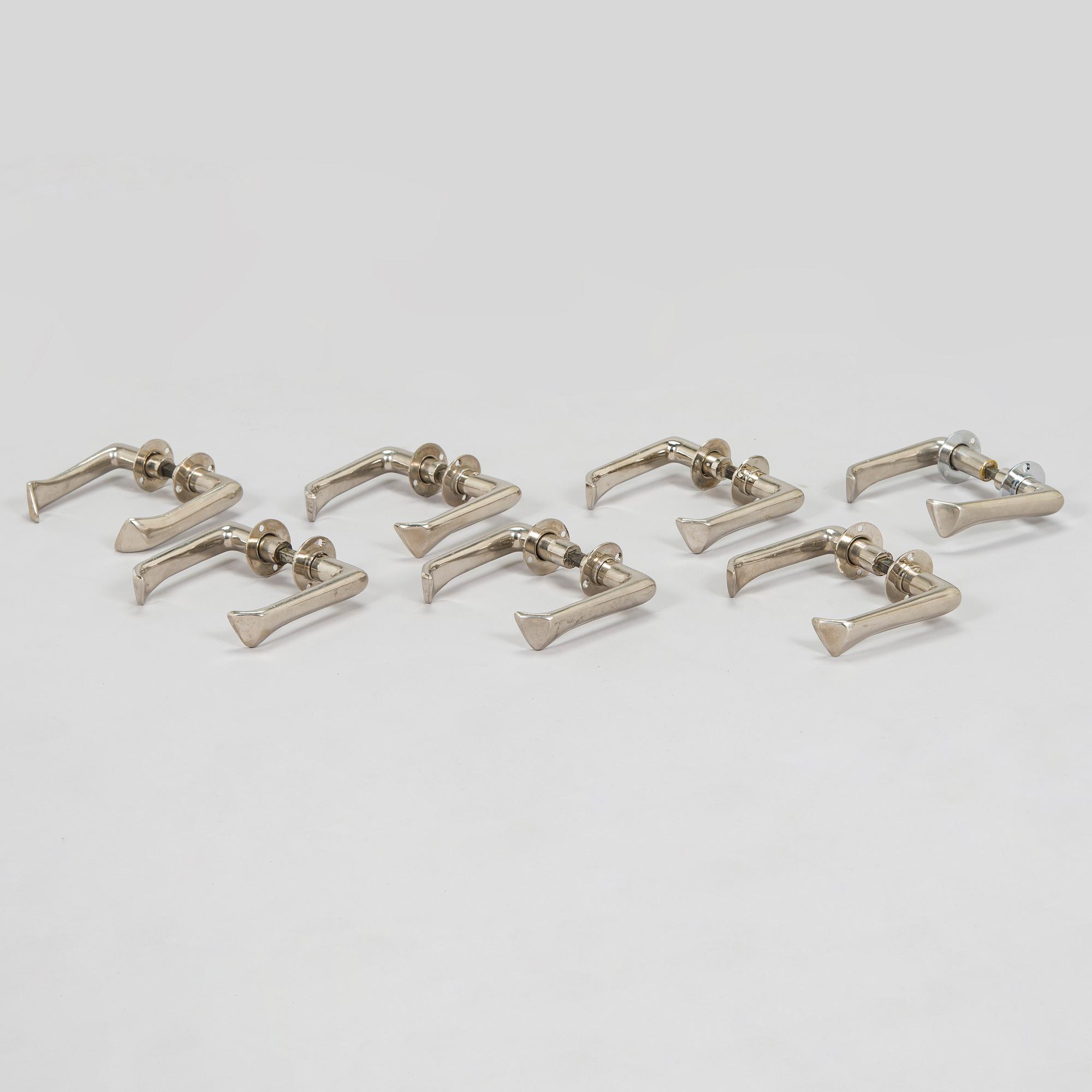 Alvar Aalto, seven paris of mid-20th century doorhandles manufactured by Kellokosken Tehdas, Finland.