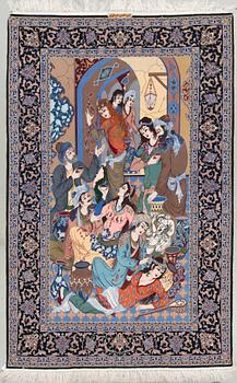 A figural part silk Esfahan rug, signed Saide Atrian. Around 249 x 160 cm.