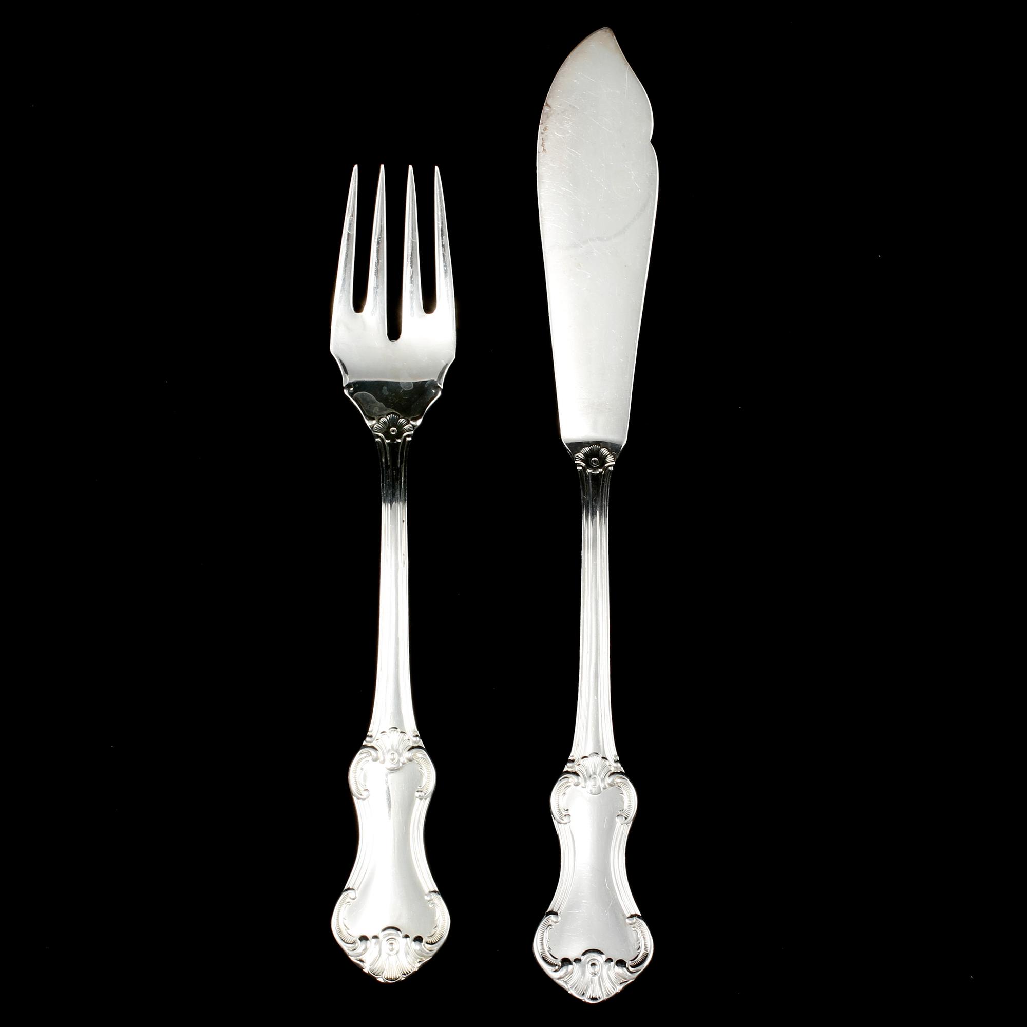 FISKBESTICK, 24 delar, silver, MEMA, omkring 1960, vikt 1157 g.