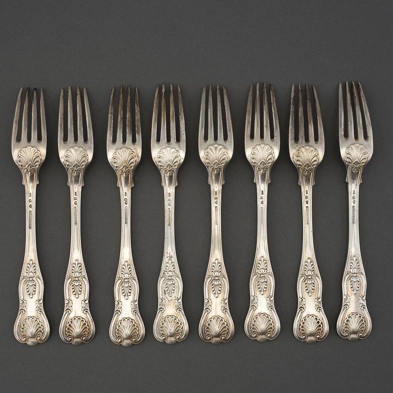 A set of 8 silver forks by Gustaf Möllenborg, Stockholm 1844.