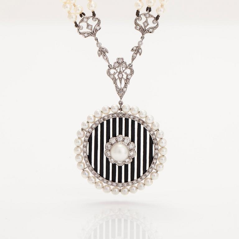 An 18K white gold necklace with cultured pearls, enamel and brilliant-cut diamonds. England.