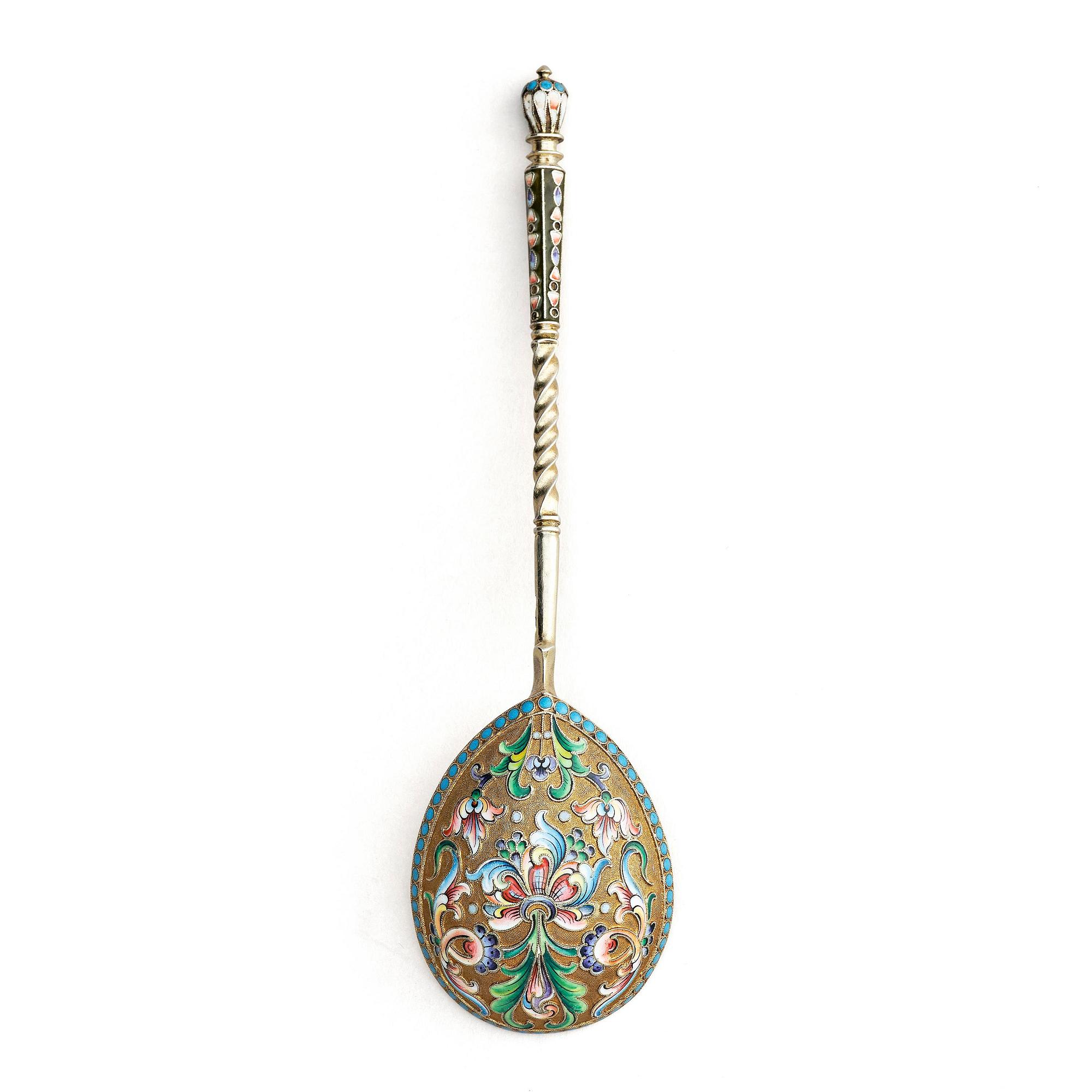 A Russian parcel-gilt cloisonné enamel spoon, maker's mark cyrillic possibly, GS for Grigory Spitnev, Moscow, 1908-1926.
