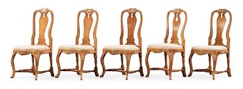 1237. Five (4+1) Swedish Rococo 18th century chairs.