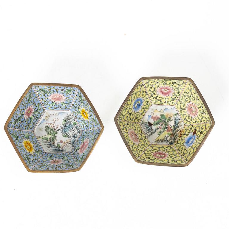 A set of six Chinese enamel on copper bowls and a dish, Qing dynasty and 20th century.