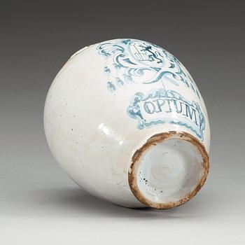 An armorial faience 'Opium' pharmaceutical-jar, 18th Century.