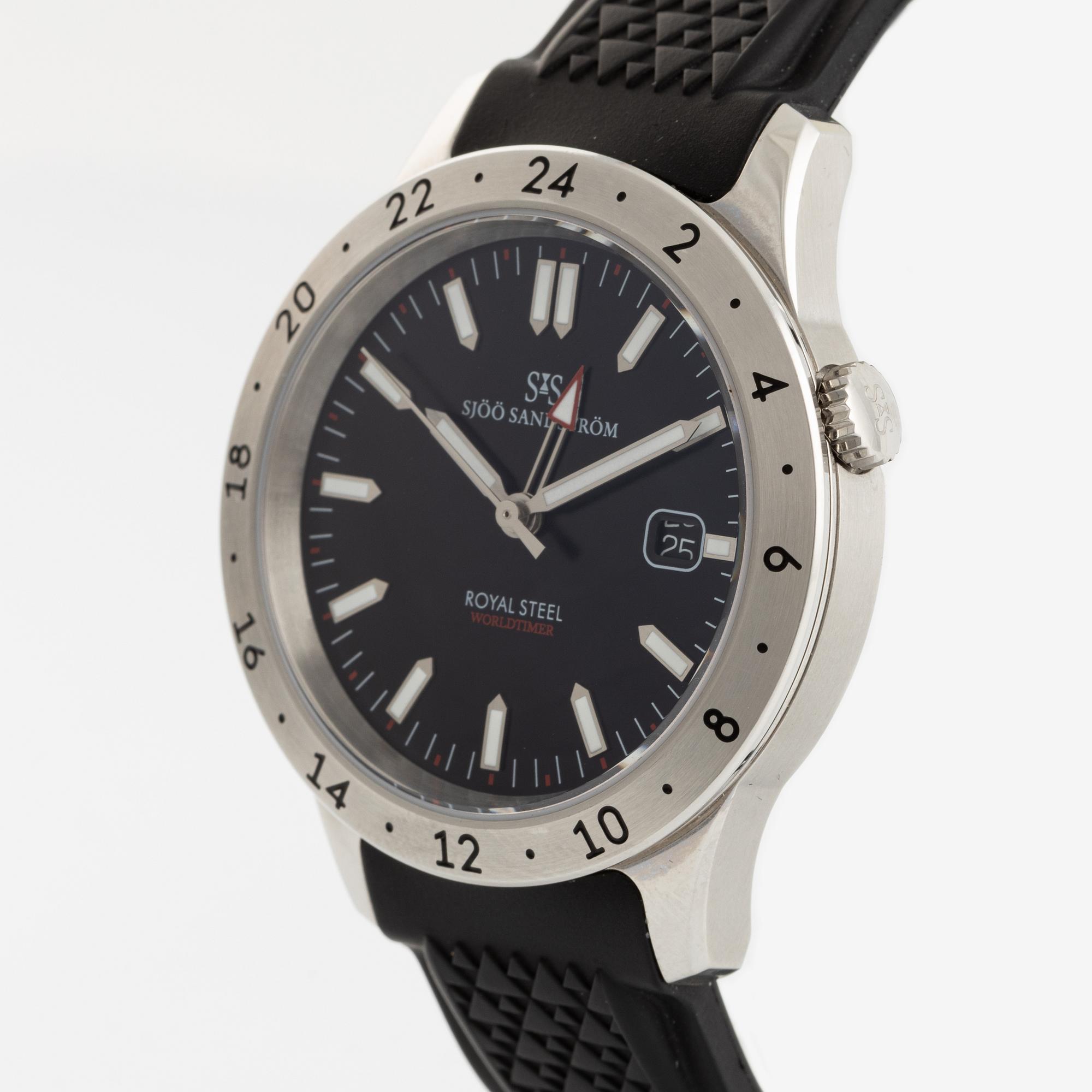 Sjöö Sandström, Royal Steel, Worldtimer, "Karlsfälts Collection", wristwatch, 41 mm.
