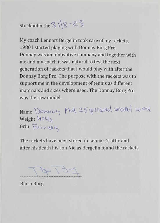 Tennisracket, Signerad Björn Borg. Donnay. Speciellt framtaget mid 25 racket i trä.