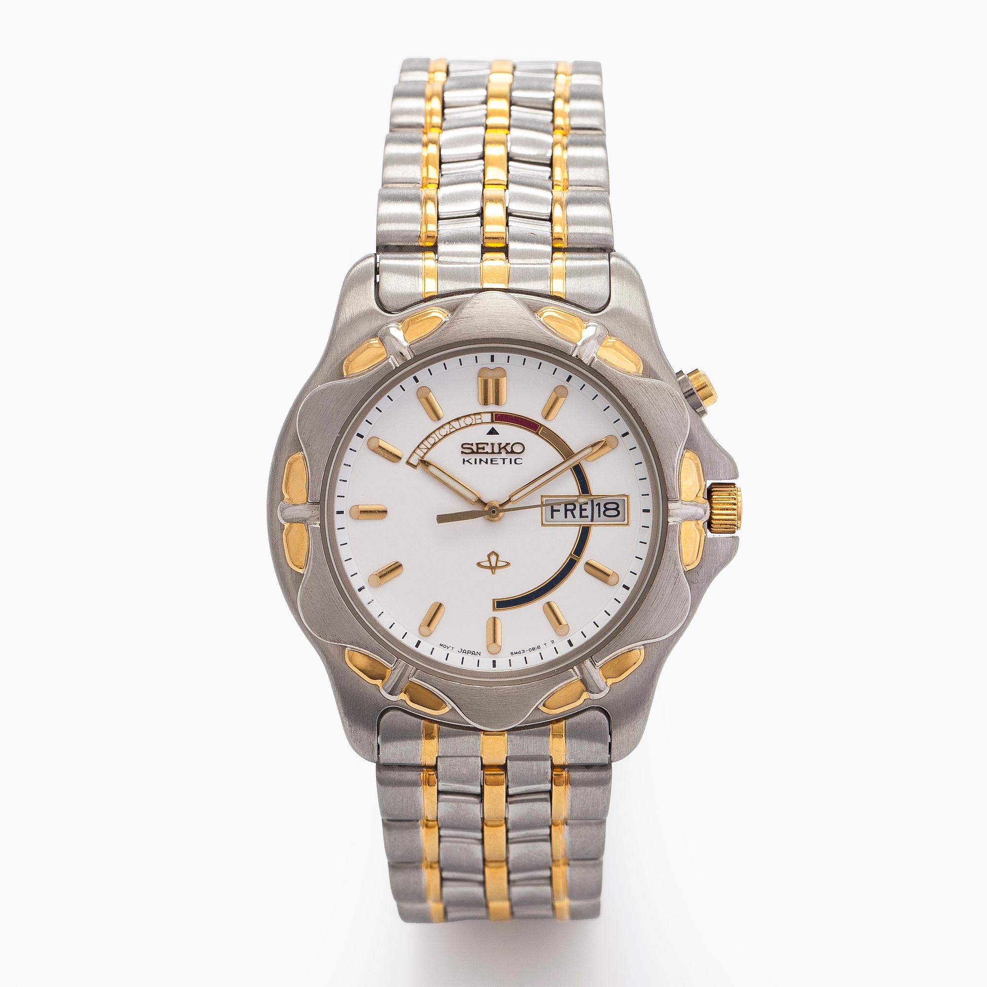 Seiko, Kinetic, rannekello, 40 mm, kulta /teräs, pleksilasi, 1990-luku.