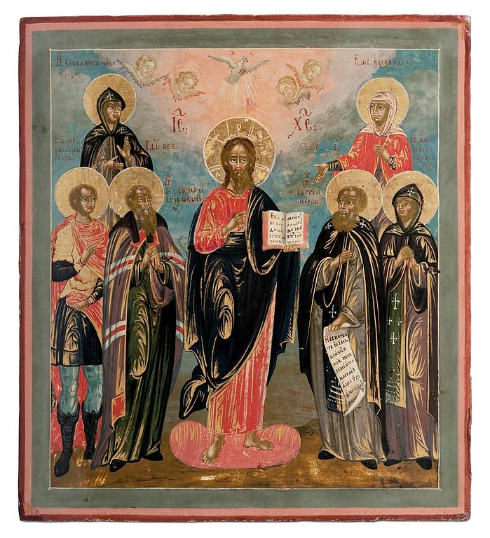 ICON. SIX SAINTS WITH CHRIST.