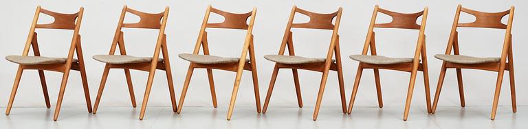 HANS J WEGNER, stolar, 6 st "Savbukkestolen", Carl Hansen & Son, Odense, Danmark 1950-60-tal.