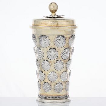 A 17th century parcel gilt silver beaker and cover, unidentified makers mark, possibly Balticum.