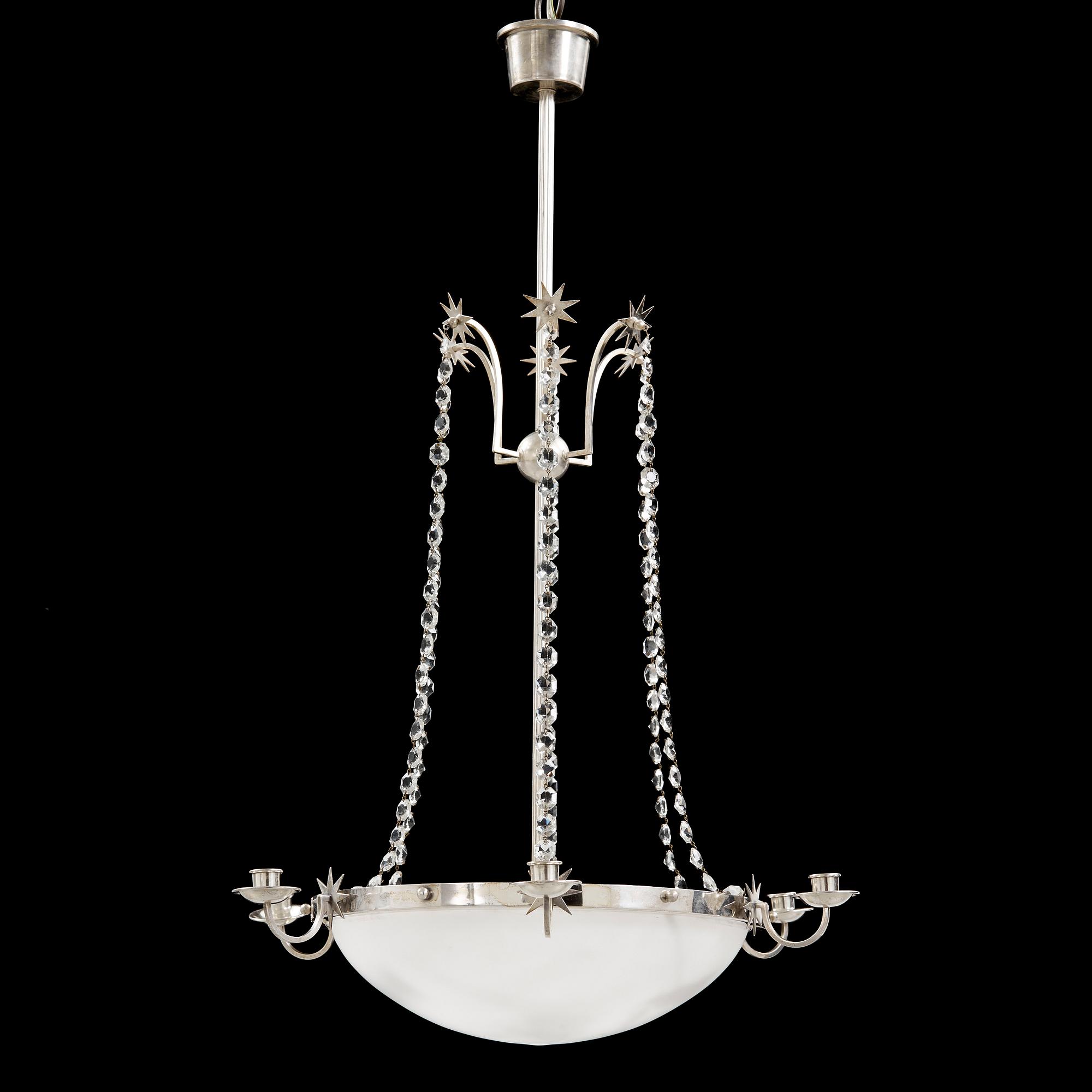 An Elis Bergh silver plated Swedish Grace chandelier, C.G Hallberg, Stockholm 1920-30's.