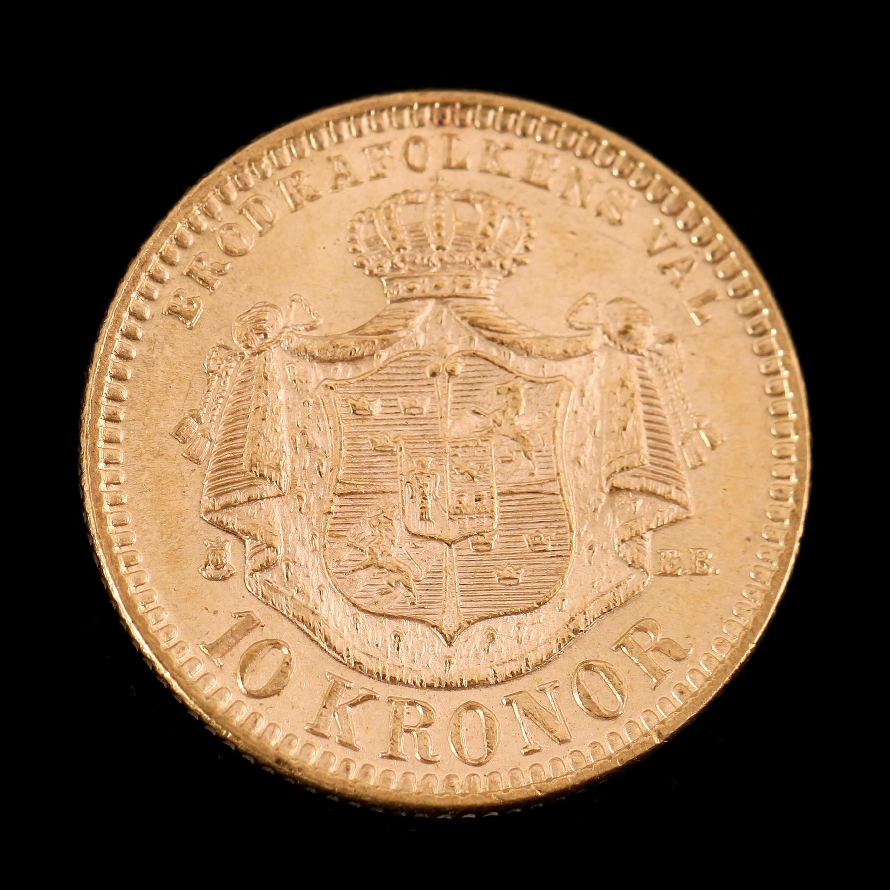 GULDMYNT, 10 kronor, Oscar II, 1894.  Vikt ca 5 gram.