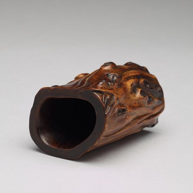 A wooden brush pot, presumably late Qing dynasty.