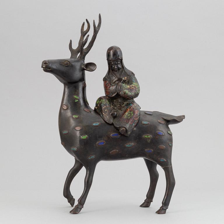 A bronze and enamel cencer in the shape of Shoulao on his deer, late qing dynasty 19th/20th century.