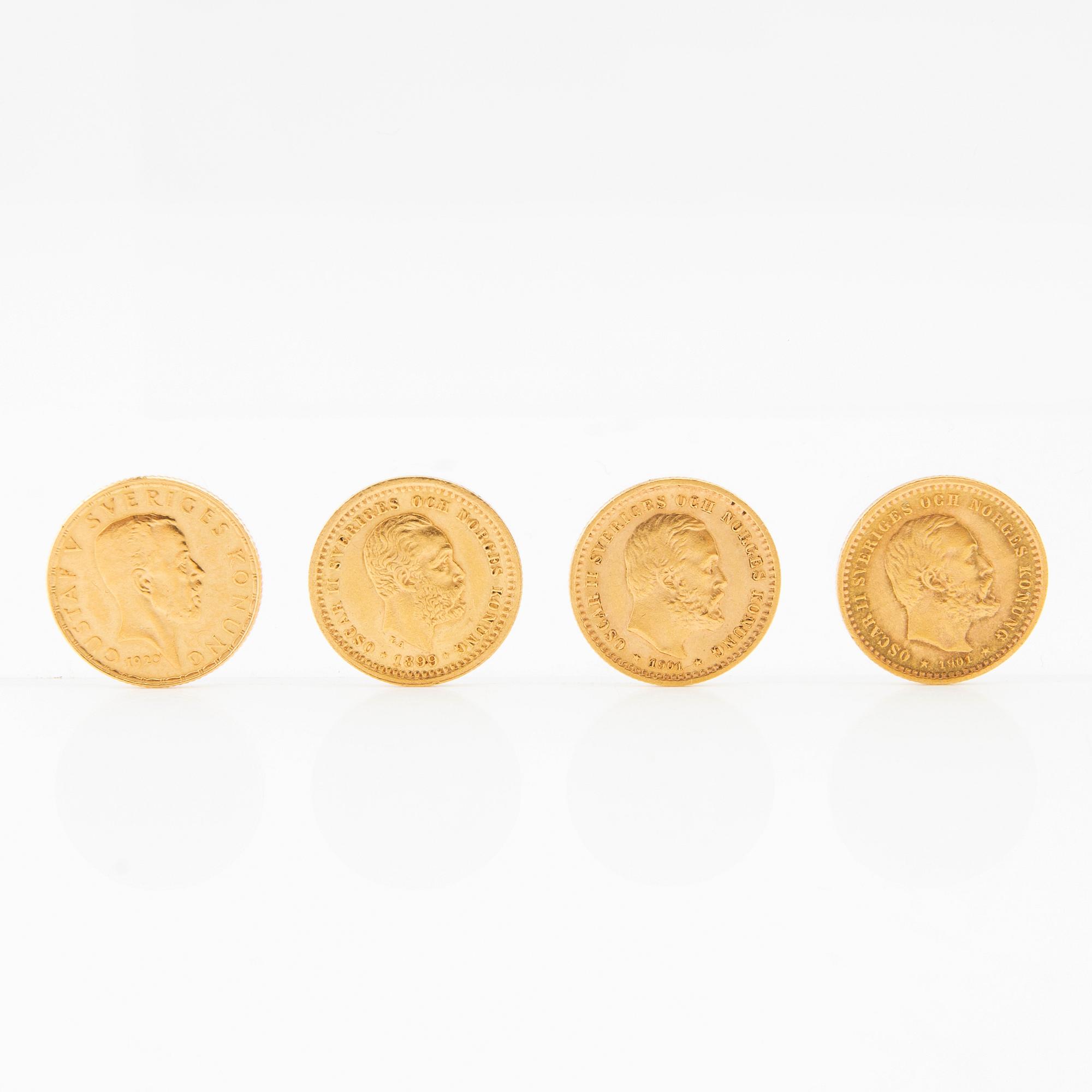 Gold coins, 4 pcs 5-kronor 1899, 1901, 1920 Sweden, Oscar II and Gustav V.