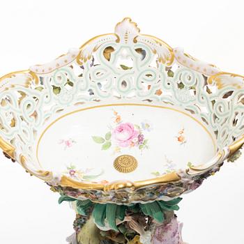 Meissen, A large polychrome reticulated porcelain basket on a pedestal with dancing figures, 19th century.