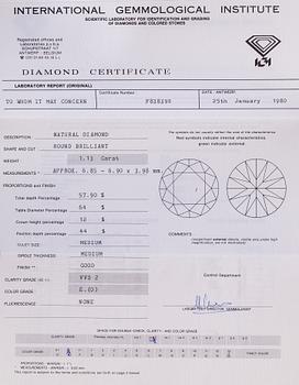 Sormus, 18K kultaa ja timantti n. 1.13 ct. Suomi 1981. Todistuksella.