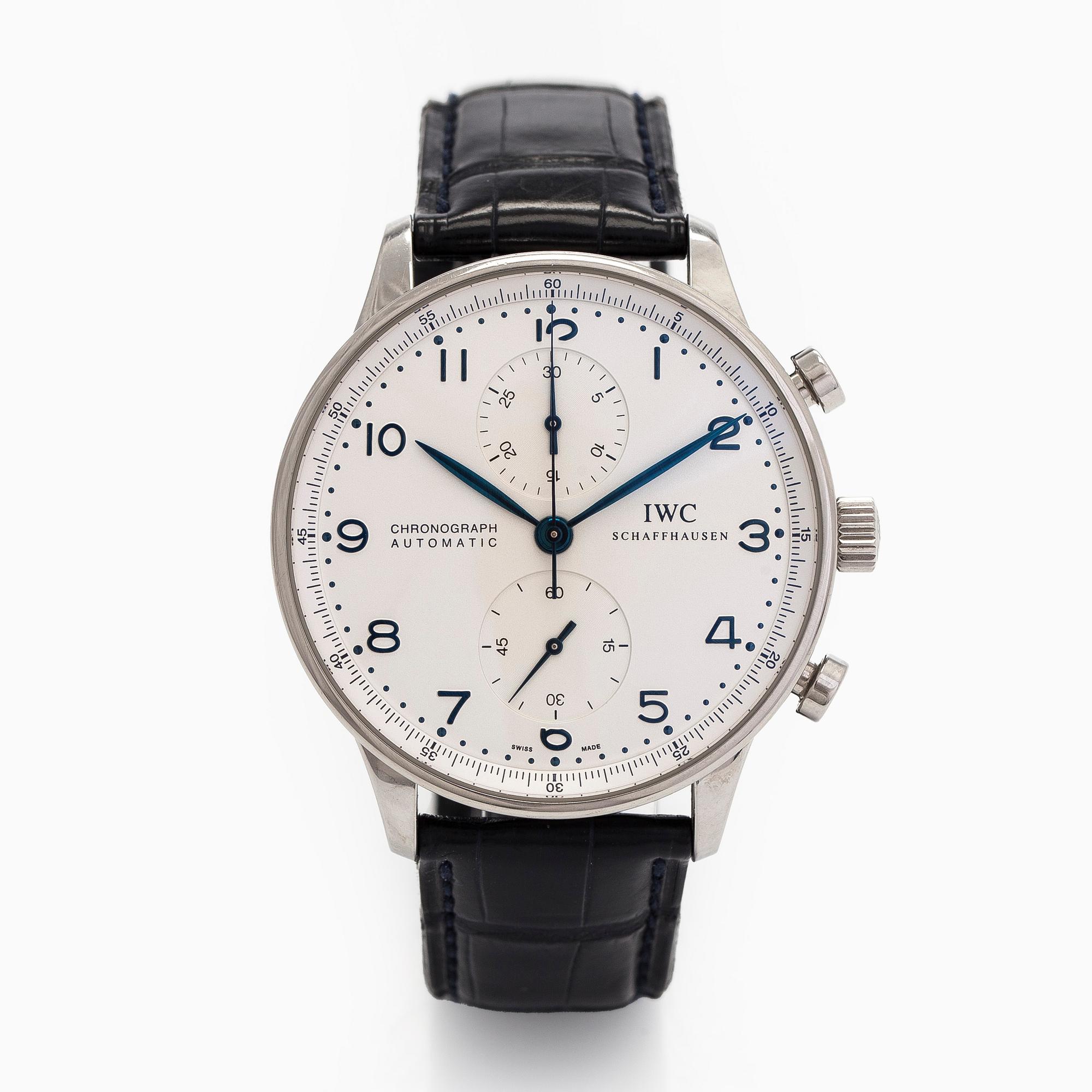 IWC, Portuguese, chronograph, wristwatch, 41 mm, steel, automatic, sapphire crystal.