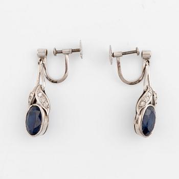 Sapphire and round brilliant cut diamond bracelet, ring and earrings.