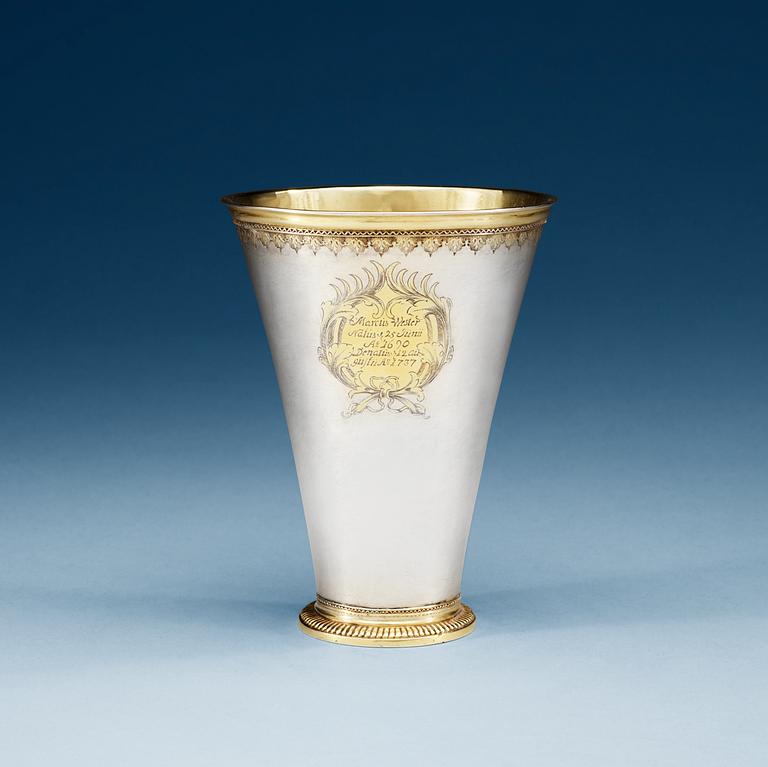 A Swedish 18th century parcel-gilt beaker, makers mark of Paul Zachun, Norrköping 1726.