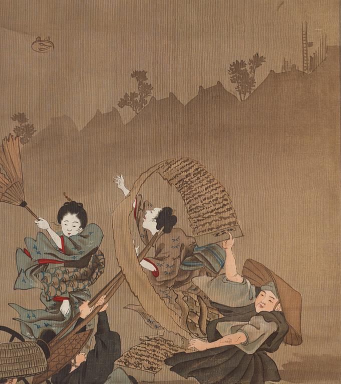 RULLMÅLNINGAR, sex stycken, tusch och färg på papper. Japan, Meiji (1868-1912).