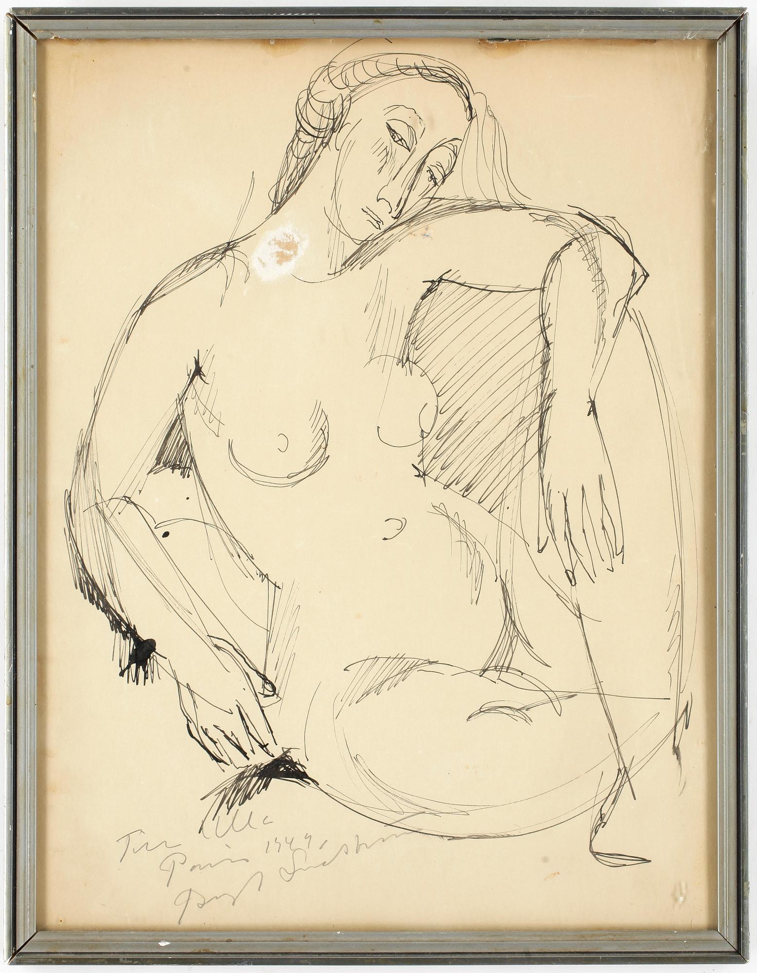 BENGT LINDSTRÖM, tuschteckning, signerad och daterad 1949. Med dedikation "Till Ulla".