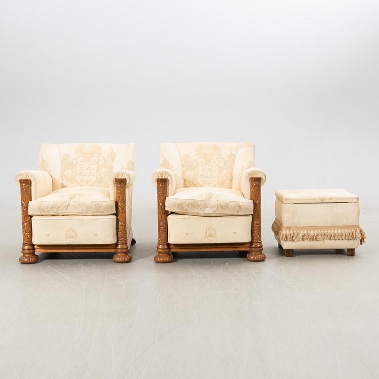 Armchairs, a pair, and footstool, Baroque style, 1940s.