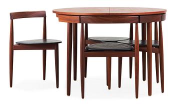 51. A Hans Olsen teak dining table with four chairs, Frem Røjle, Denmark 1950's.