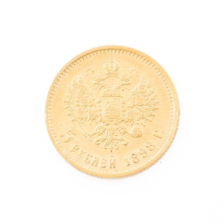 Gold coin, Nicholas II, Russia, 5 Rubles, 1898.