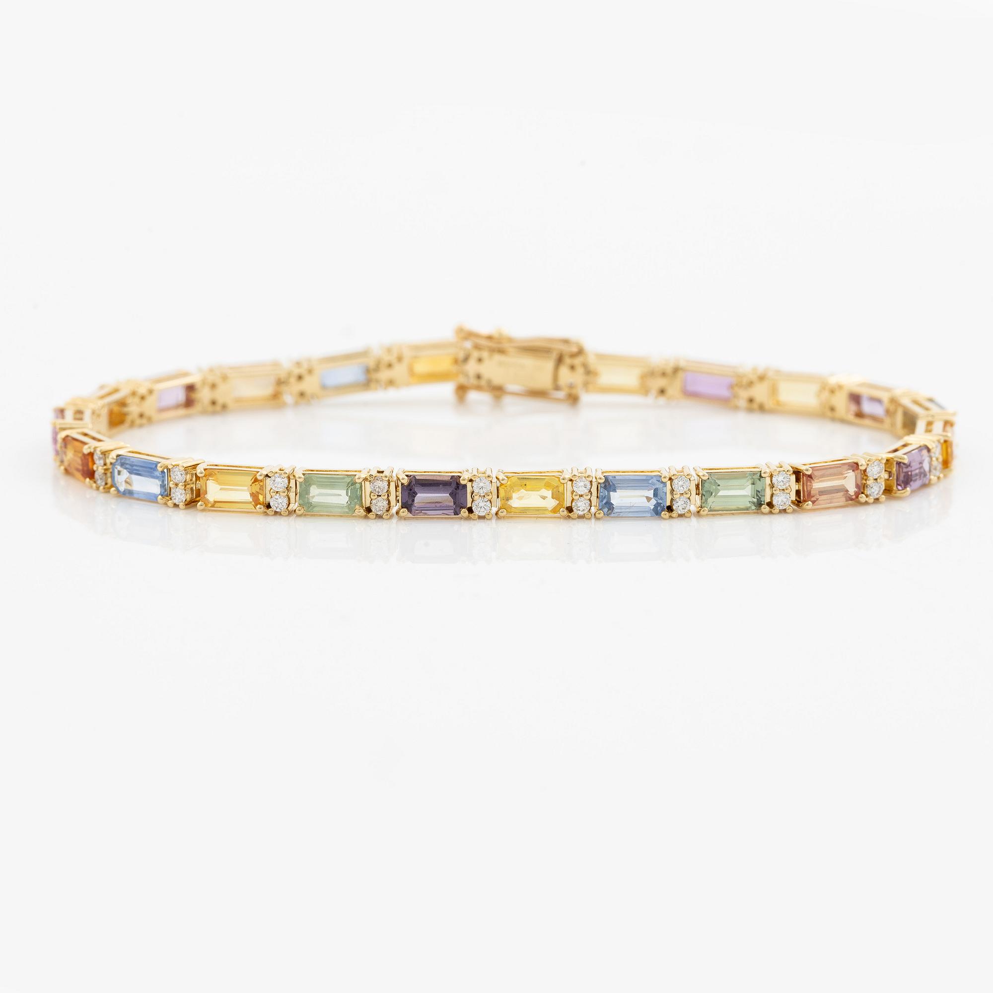 Bracelet 18K gold with multi-coloured sapphires and round brilliant-cut diamonds.